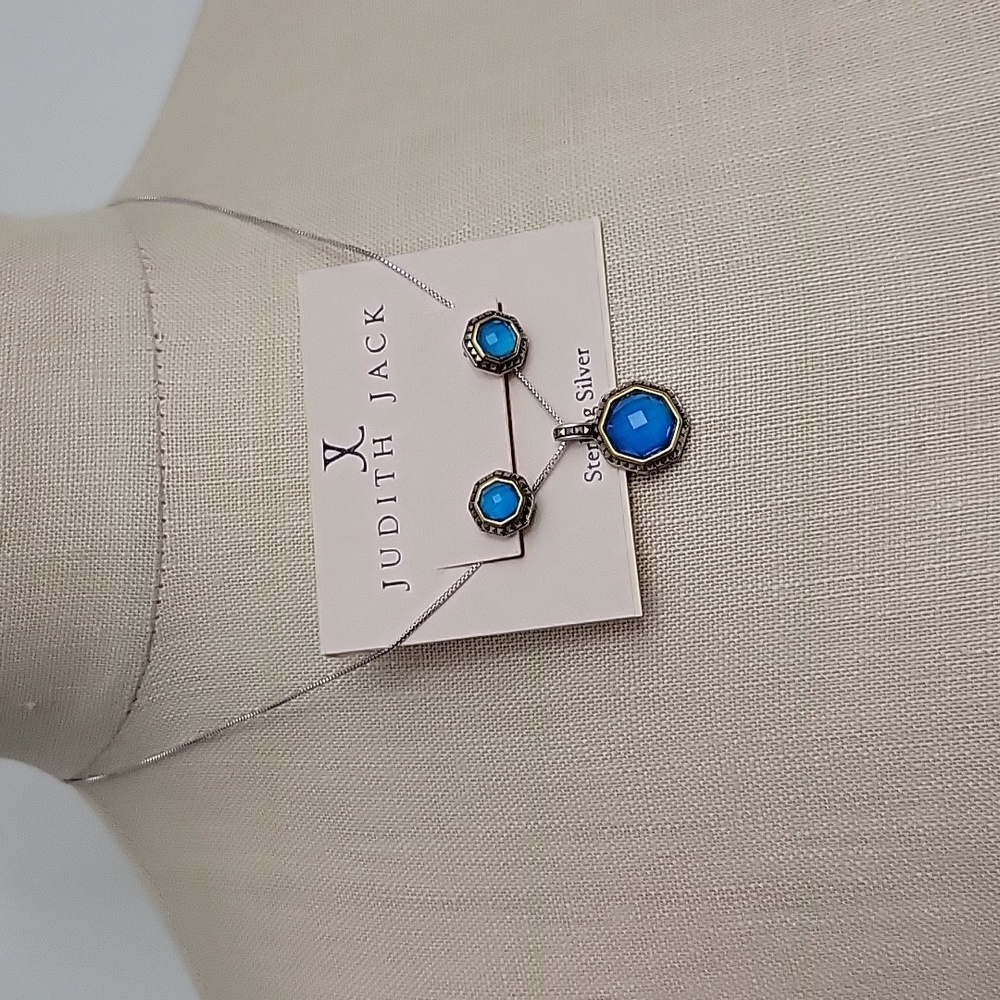 NWOT Judith Jack 3 Piece Jewelry Set Signed Sterling Silver Blue Stones